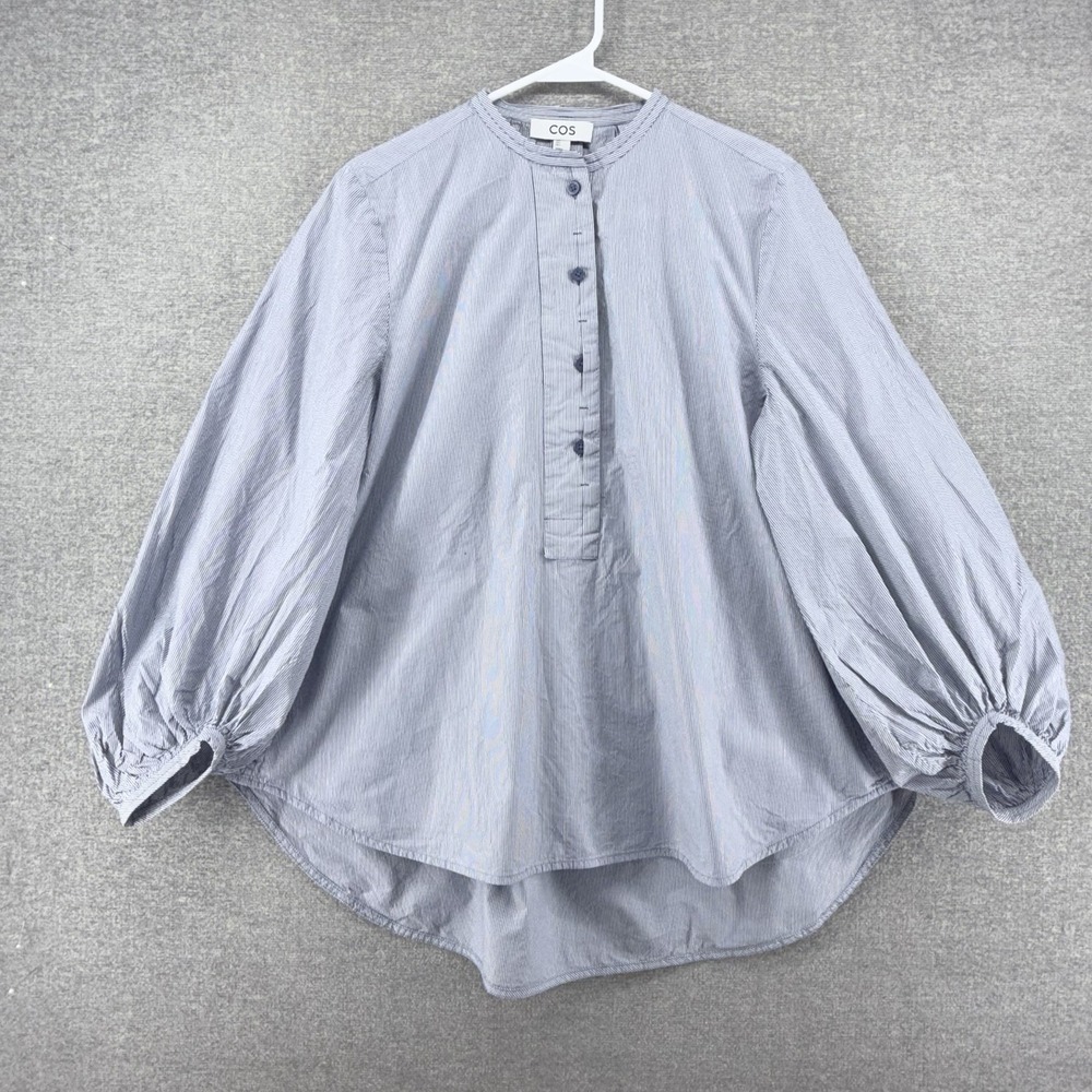 Cos Balloon Sleeve Blouse Top Women Size 4 Blue And White Pinstripe Motif Casual